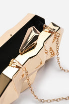 Geometric Gold High Shine Hard Case Clutch with Detachable Chain