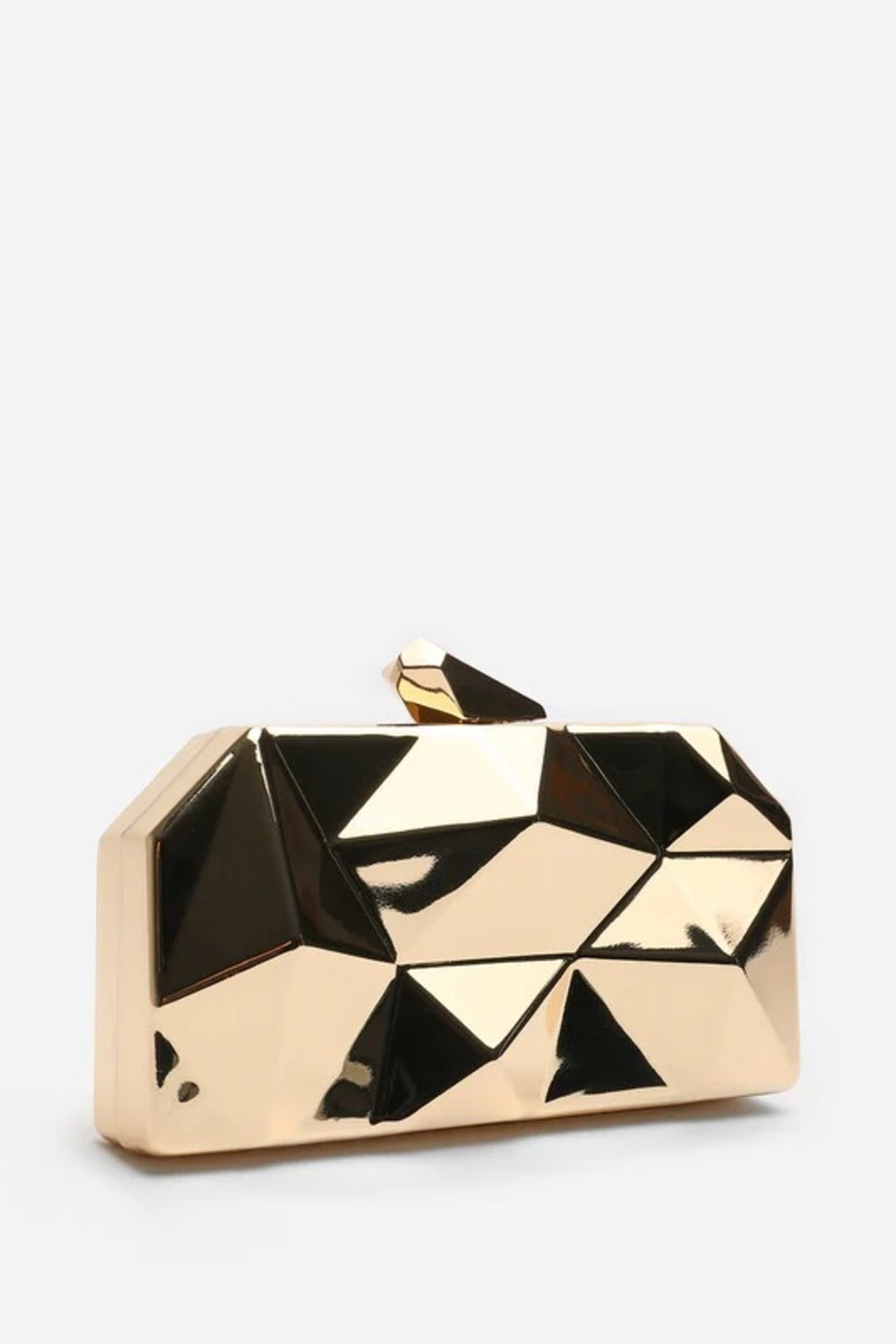 Geometric Gold High Shine Hard Case Clutch with Detachable Chain