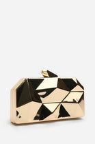 Geometric Gold High Shine Hard Case Clutch with Detachable Chain