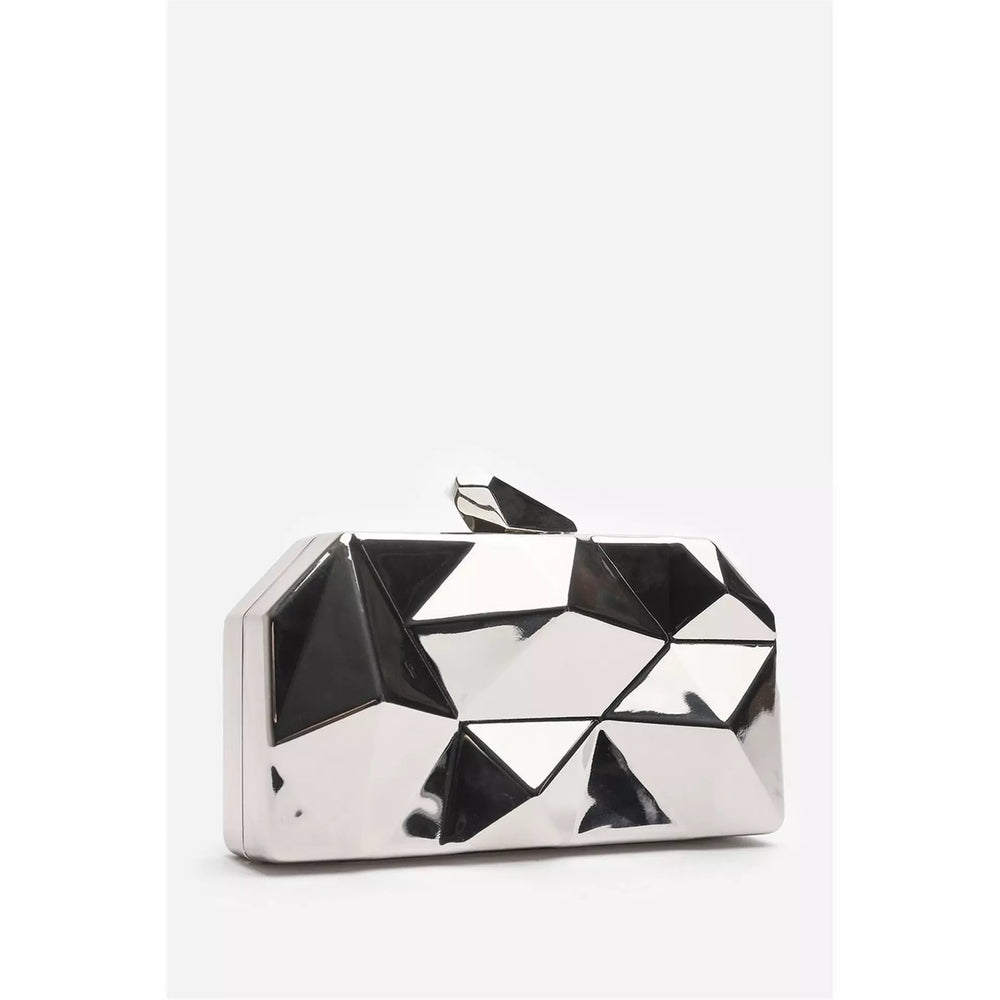 Geometric Silver High Shine Hard Case Clutch with Detachable Chain