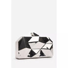 Geometric Silver High Shine Hard Case Clutch with Detachable Chain
