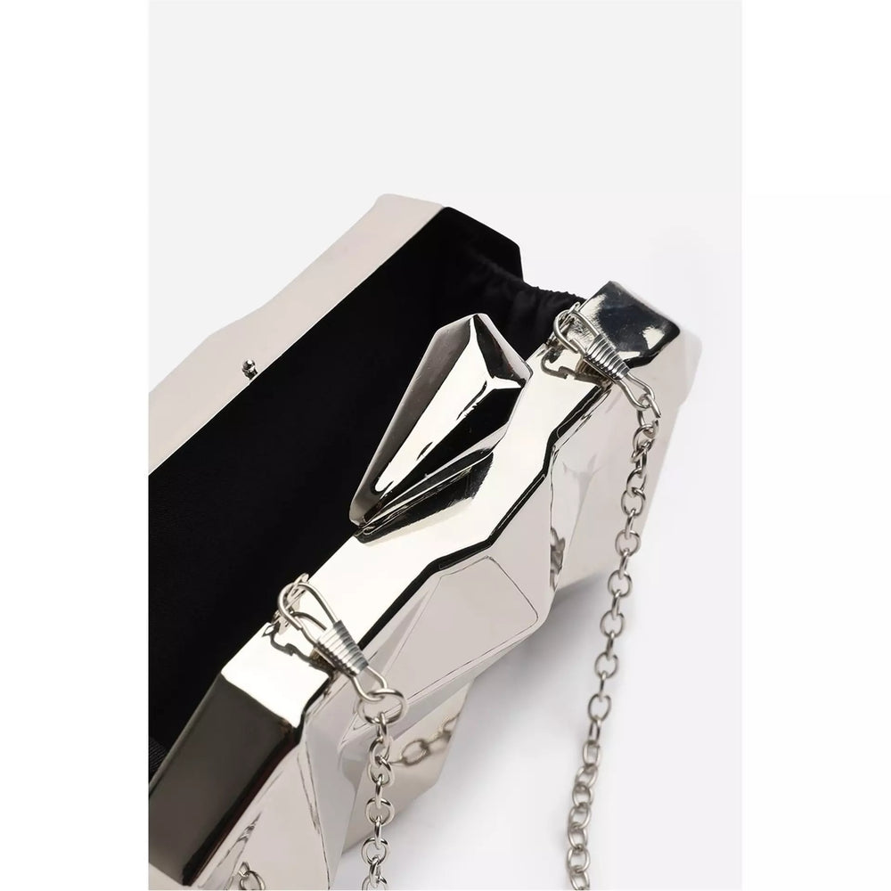 Geometric Silver High Shine Hard Case Clutch with Detachable Chain