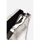 Geometric Silver High Shine Hard Case Clutch with Detachable Chain