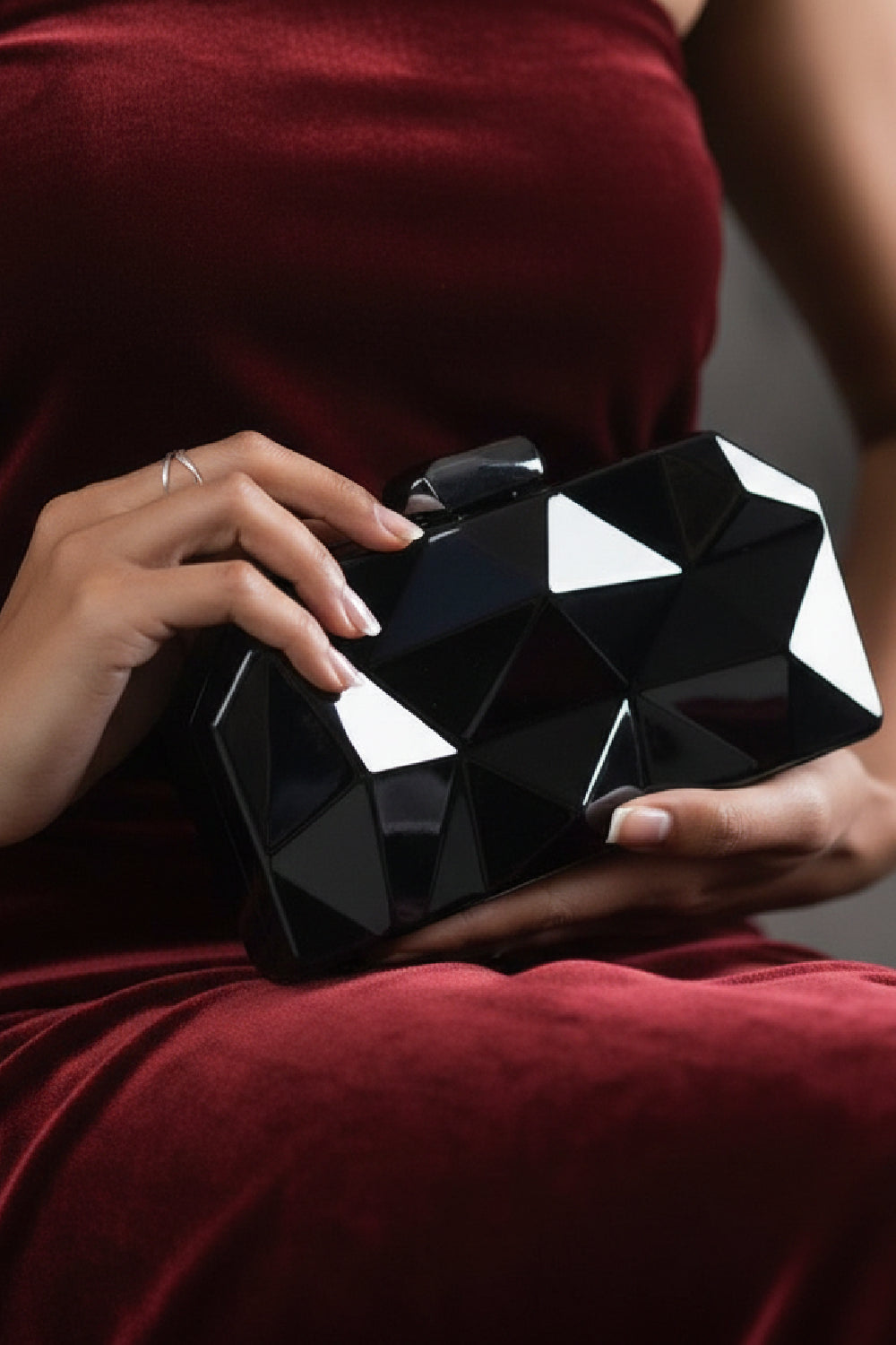 Geometric Black High Shine Hard Case Clutch with Detachable Chain