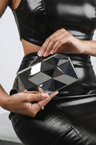 Geometric Silver High Shine Hard Case Clutch with Detachable Chain