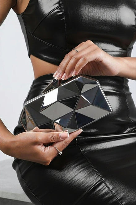Geometric Silver High Shine Hard Case Clutch with Detachable Chain