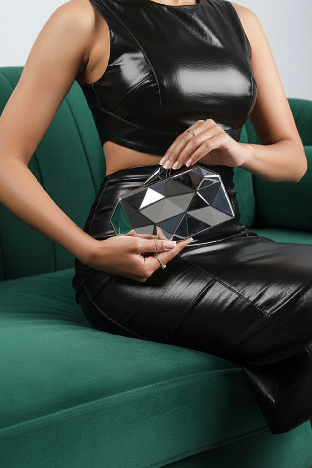 Geometric Silver High Shine Hard Case Clutch with Detachable Chain