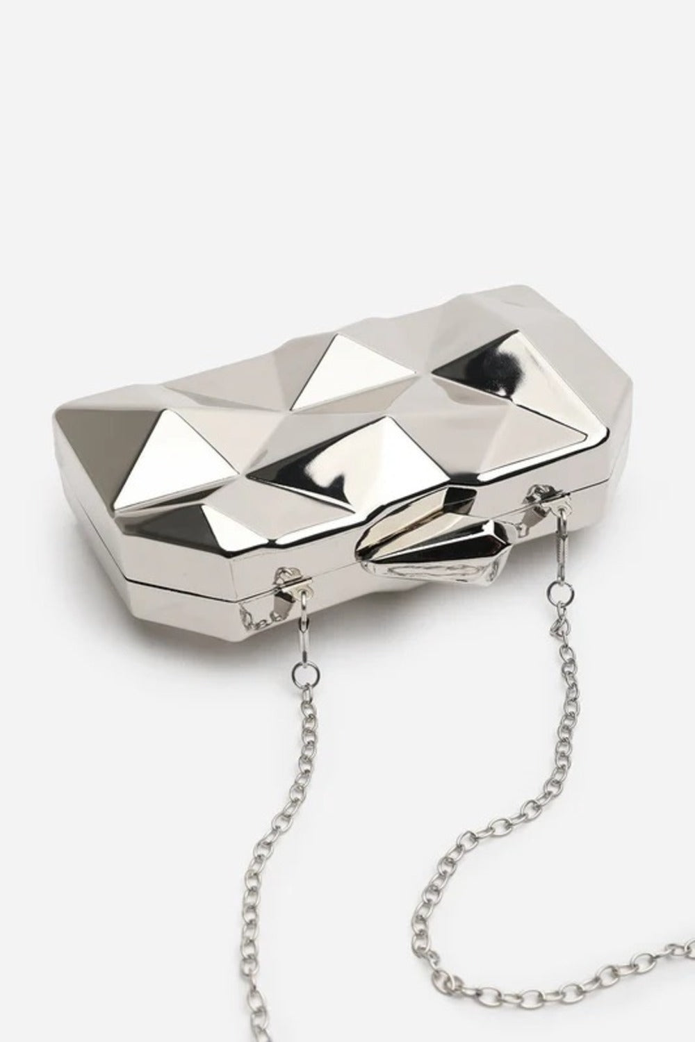 Geometric Silver High Shine Hard Case Clutch with Detachable Chain