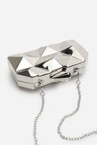 Geometric Silver High Shine Hard Case Clutch with Detachable Chain