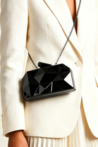 Geometric Black High Shine Hard Case Clutch with Detachable Chain