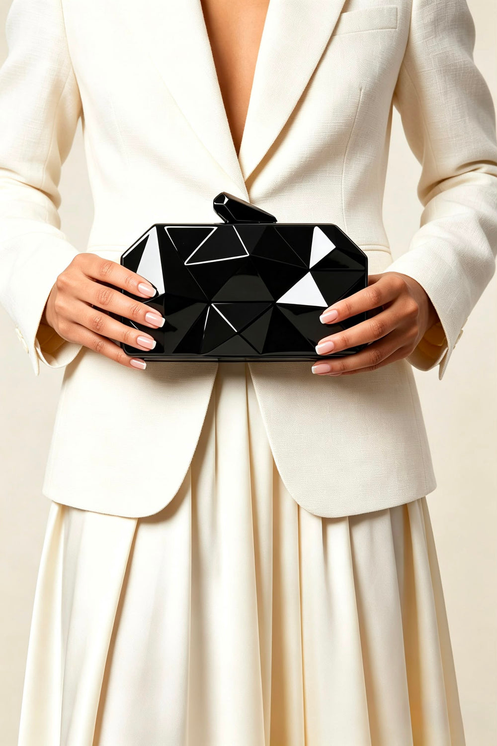 Geometric Black High Shine Hard Case Clutch with Detachable Chain