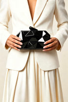 Geometric Black High Shine Hard Case Clutch with Detachable Chain