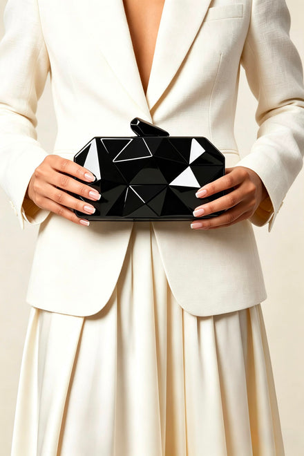 Geometric Black High Shine Hard Case Clutch with Detachable Chain
