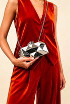Geometric Silver High Shine Hard Case Clutch with Detachable Chain