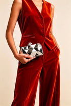 Geometric Silver High Shine Hard Case Clutch with Detachable Chain