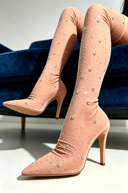 Nude Diamante Over the Knee High Boots