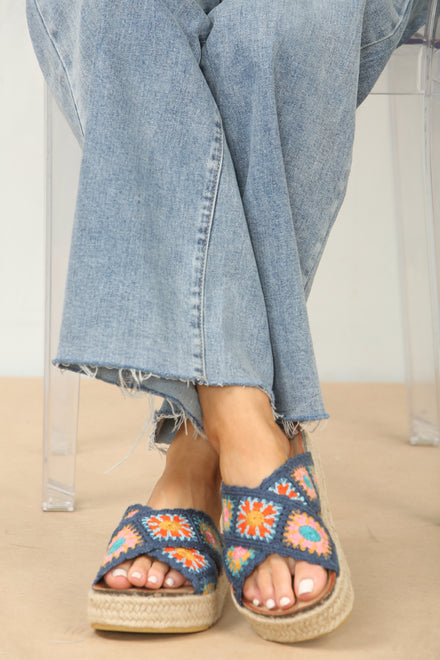 Navy Blue Crochet Flatform Slip On Espadrille Sandals