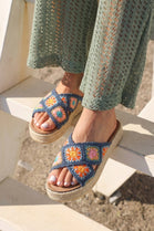 Navy Blue Crochet Flatform Slip On Espadrille Sandals