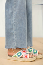 WHITE CROCHET DETAIL CROSS STRAP PRINTED SANDALS