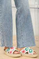 WHITE CROCHET DETAIL CROSS STRAP PRINTED SANDALS