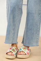 WHITE CROCHET DETAIL CROSS STRAP PRINTED SANDALS