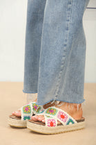 WHITE CROCHET DETAIL CROSS STRAP PRINTED SANDALS
