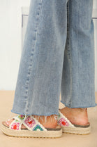 WHITE CROCHET DETAIL CROSS STRAP PRINTED SANDALS