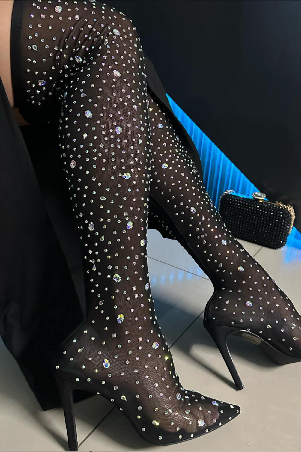 BLACK RHINESTONES KNEE HIGH BOOT