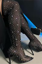 BLACK RHINESTONES KNEE HIGH BOOT