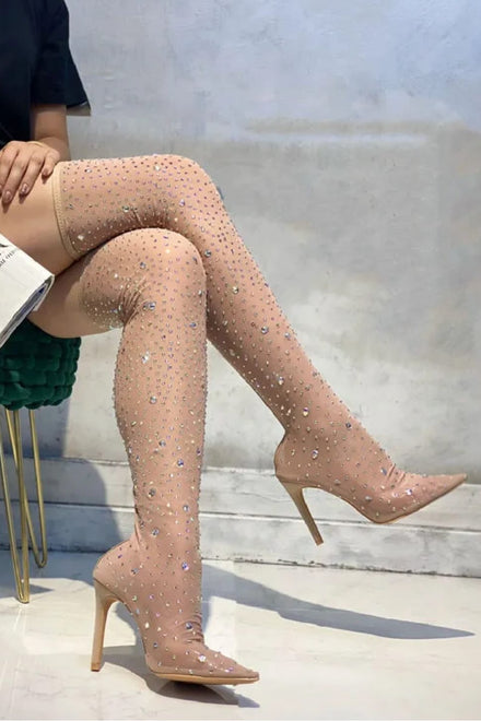 NUDE RHINESTONES KNEE HIGH BOOT