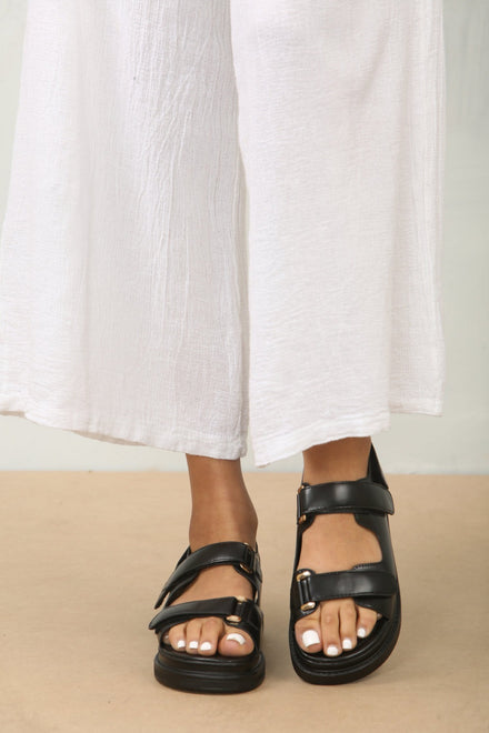 Double Strap Designer Chunky Black Faux Leather Sandal