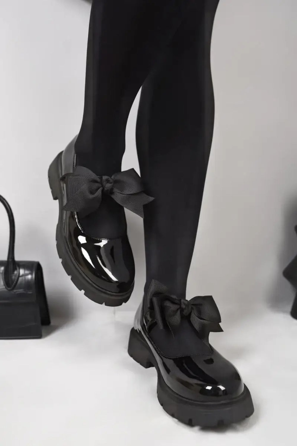 Black Patent Chunky Mary Jane with Bow Detail Shoes
