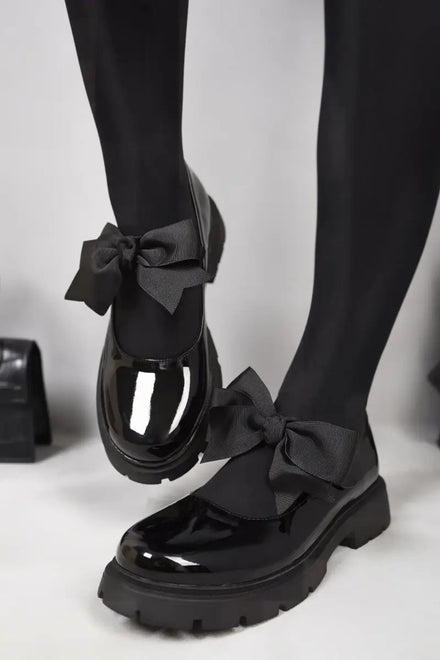 Black Patent Chunky Mary Jane with Bow Detail Shoes
