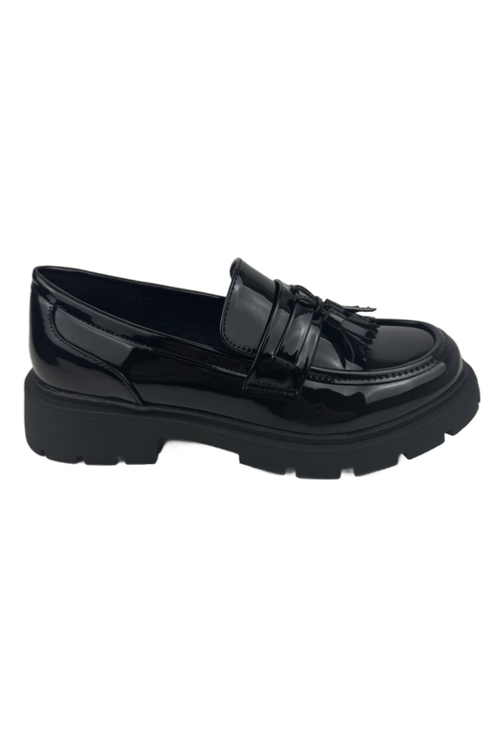 Black Patent Slip On  Chunky Flatform Loafer Shoes With Tassle