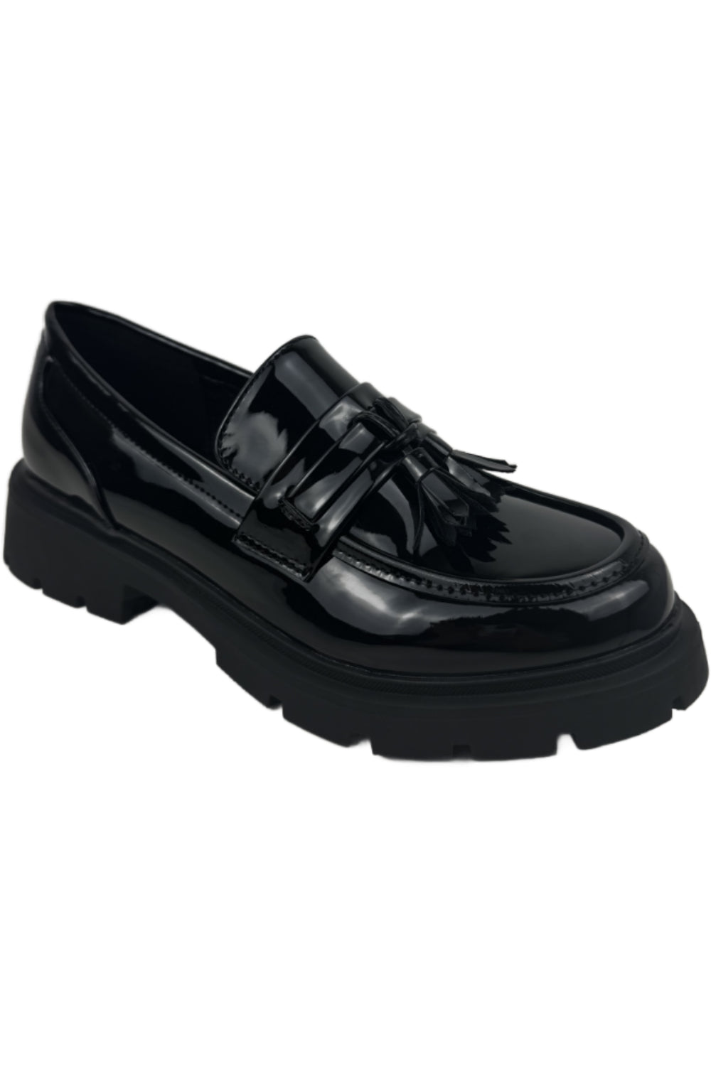 Black Patent Slip On  Chunky Flatform Loafer Shoes With Tassle