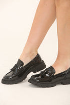 Black Patent Slip On  Chunky Flatform Loafer Shoes With Tassle