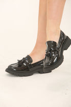 Black Patent Slip On  Chunky Flatform Loafer Shoes With Tassle
