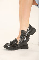 Black Patent Slip On  Chunky Flatform Loafer Shoes With Tassle