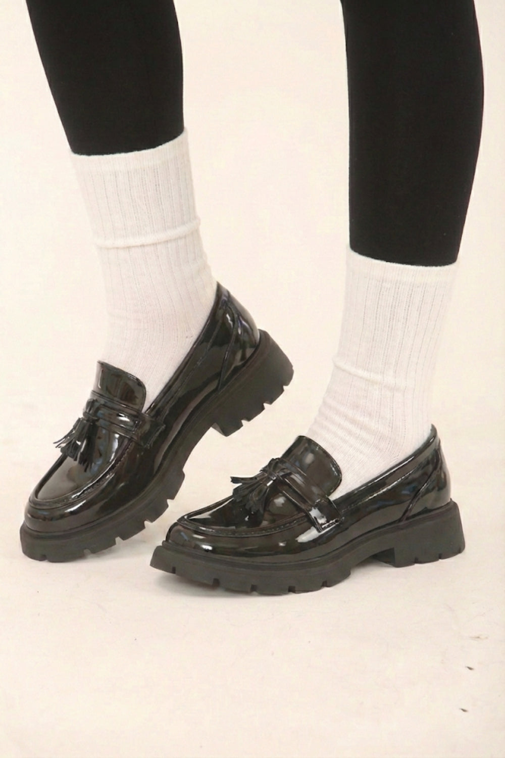 Black Patent Chunky Sole Tassel Loafer Shoes