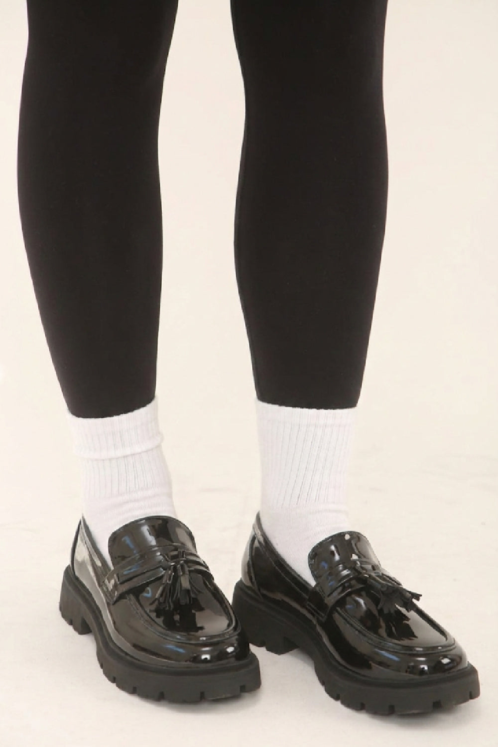Black Patent Chunky Sole Tassel Loafer Shoes
