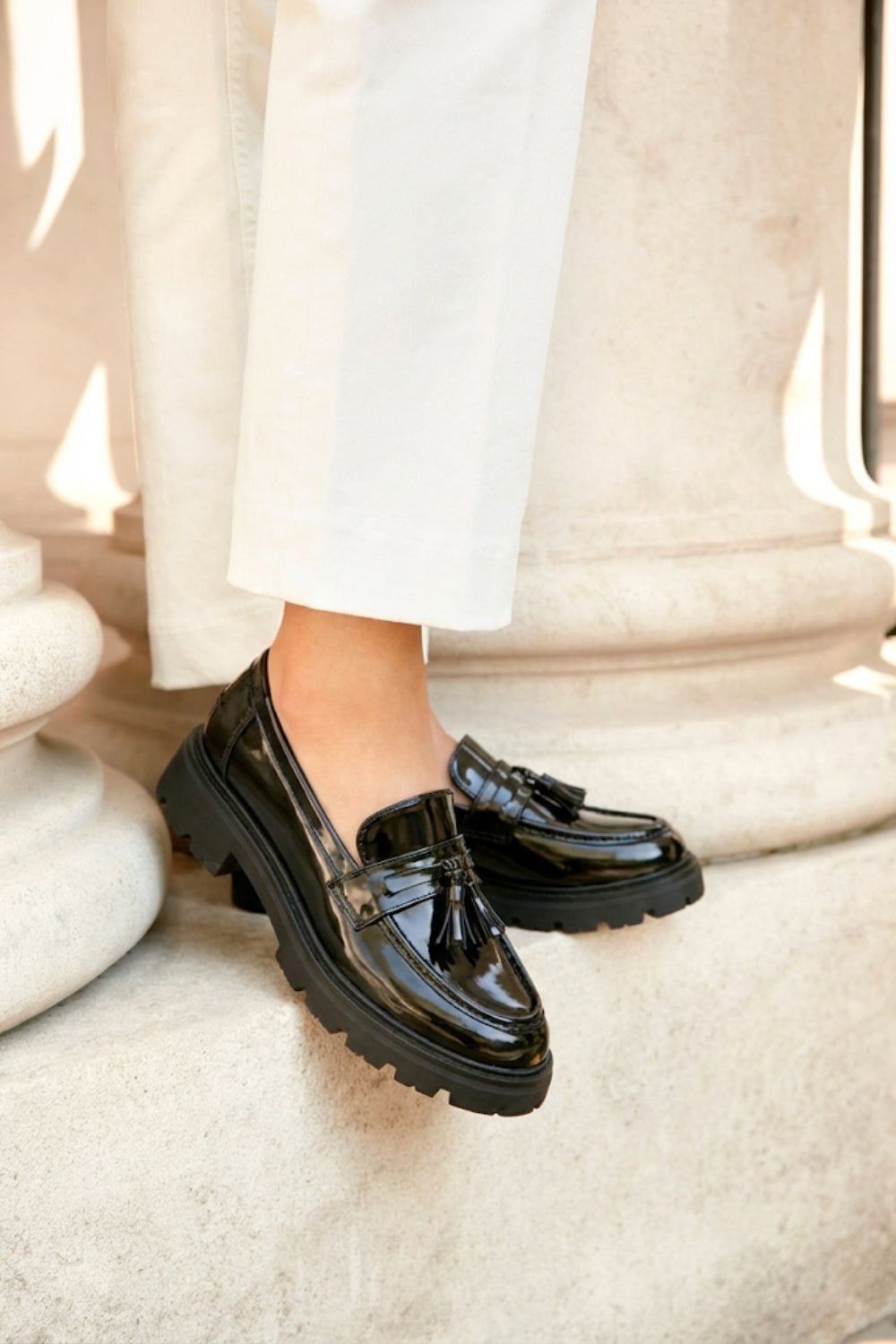 Black Patent Chunky Sole Tassel Loafer Shoes