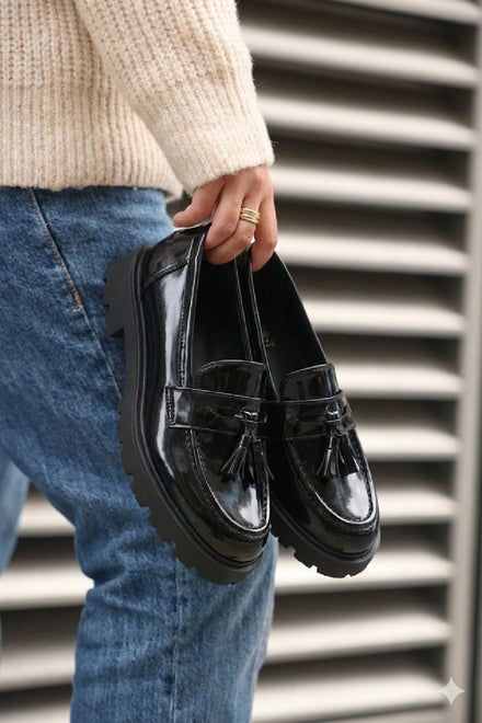 Black Patent Chunky Sole Tassel Loafer Shoes