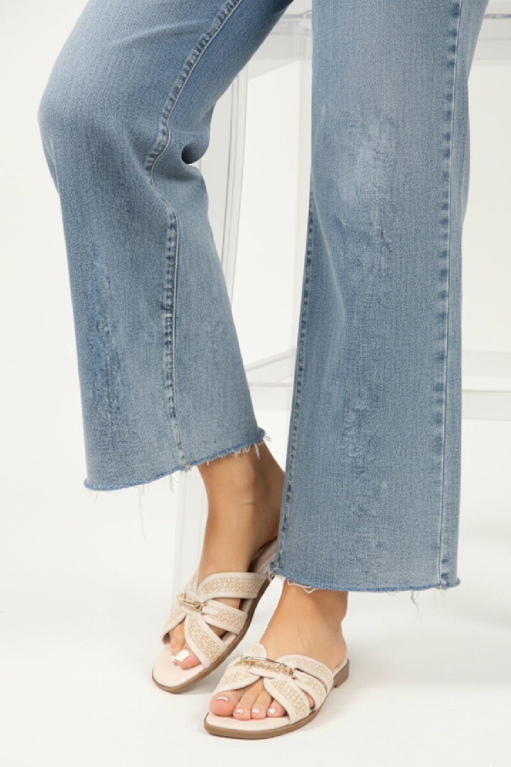 Cream Gold Trim Detail Raffia Cross-Strap Flat Sandals