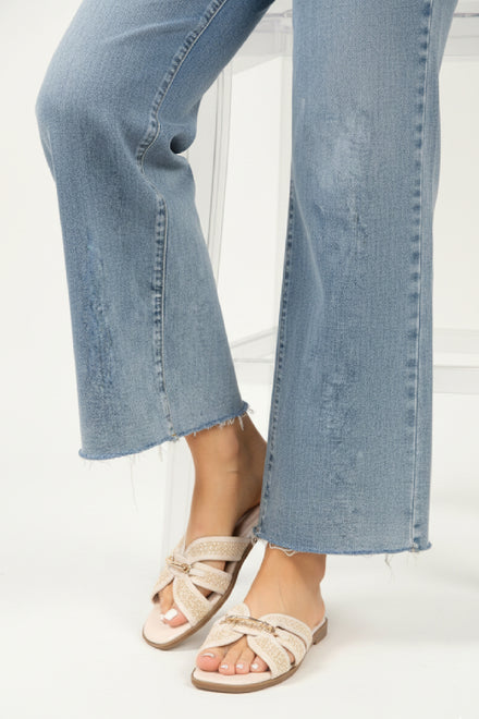 Cream Gold Trim Detail Raffia Cross-Strap Flat Sandals