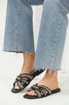 Black Gold Trim Detail Raffia Cross-Strap Flat Sandals