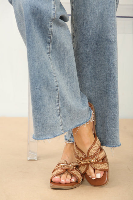TAN DESIGNER TRIM DETAIL RAFFIA STRAP SANDALS