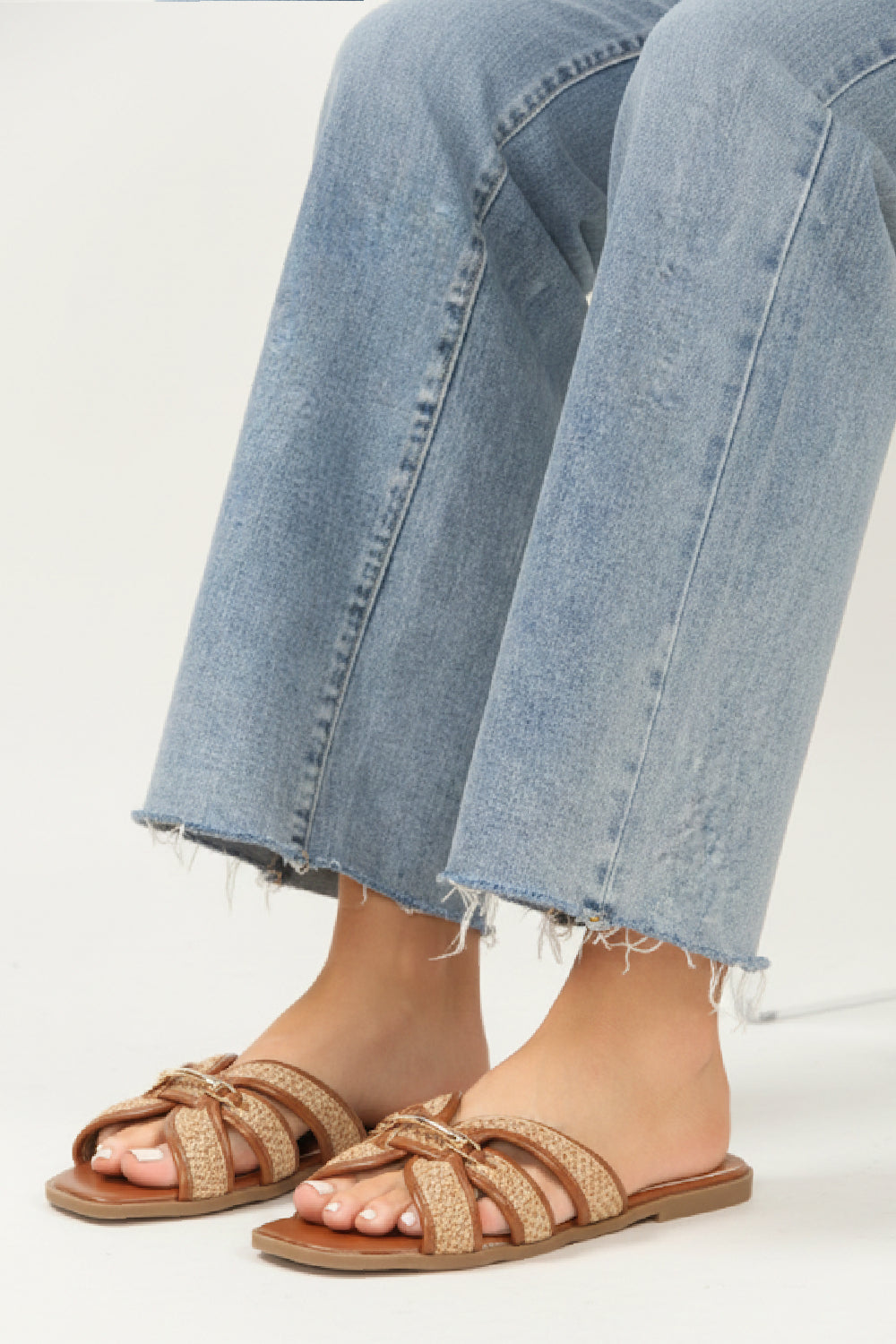 Tan Gold Trim Detail Raffia Cross-Strap Flat Sandals