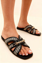 Black Gold Trim Detail Raffia Cross-Strap Flat Sandals