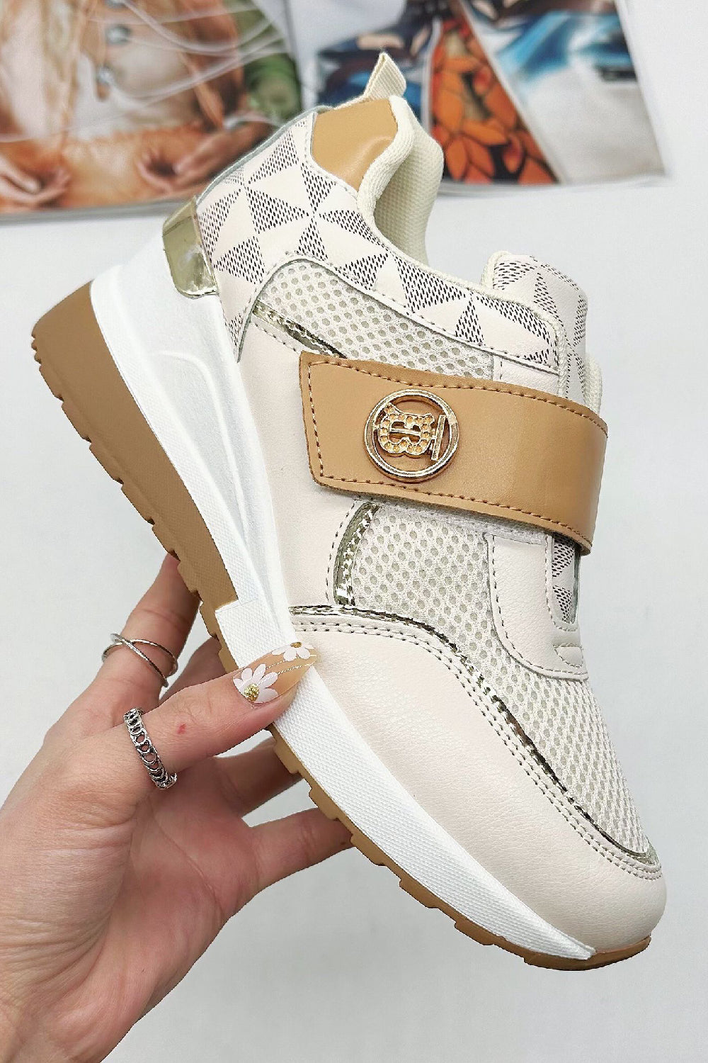 BEIGE GOLD WEDGE TRAINERS SLIP ON CHUNKY SHOES
