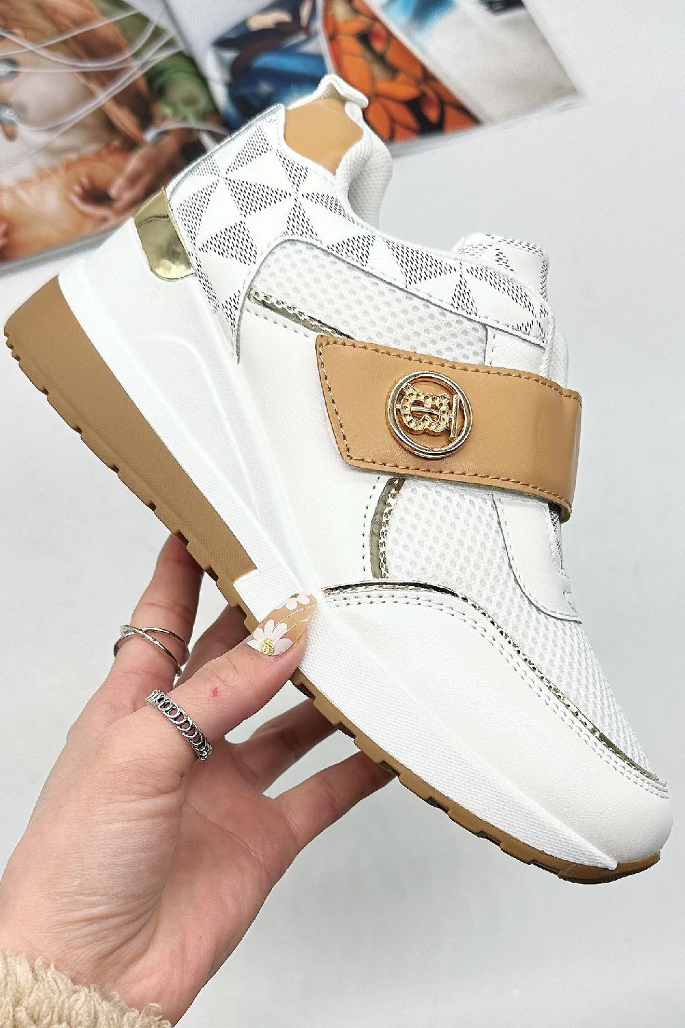 WHITE GOLD WEDGE TRAINERS SLIP ON CHUNKY SHOES